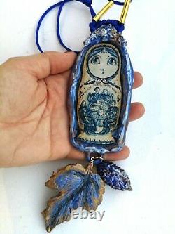Jewelry woman necklace pendant matrioska folkloric folk ethnic russian doll ooak