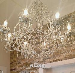 Large Vintage Chandelier 8 Light French Cream Shabby Glass Raindrop Crystals NEW
