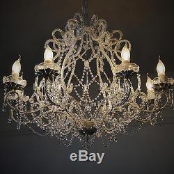 Large Vintage Chandelier 8 Light French Cream Shabby Glass Raindrop Crystals NEW