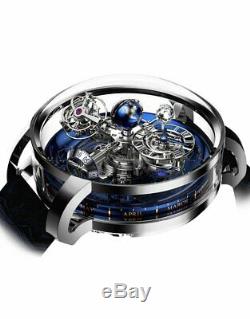 Luxury Brand New Japanese Quartz Silver Leather Tourbillion Sapphire Ball Watch