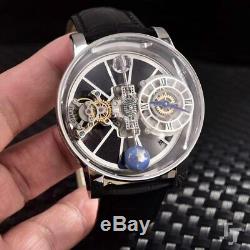 Luxury Brand New Japanese Quartz Silver Leather Tourbillion Sapphire Ball Watch