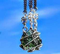 MOLDAVITE & HERKIMER DIAMOND Necklace. Tektite Crystal 925 Pendant Synergy 12
