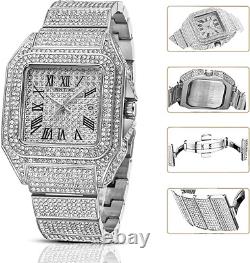 Men'S Fashion Crystal Watch Luxury Diamond Bracelet Watch Big Face Square Full B