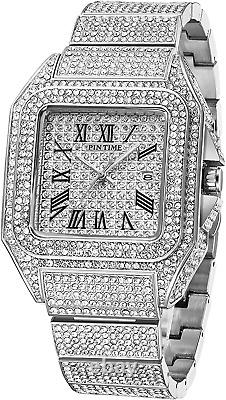 Men'S Fashion Crystal Watch Luxury Diamond Bracelet Watch Big Face Square Full B