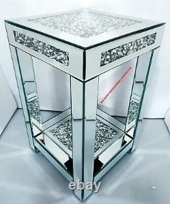 Mirrored End Table Side Sparkly Silver Diamond Crush Crystal 35x35x56cm Living