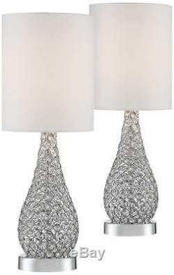 Modern Table Lamp Set of 2 Crystal Bead Gourd White for Living Room Bedroom