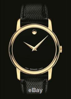 Movado Mens Black Dial Museum Swiss Quartz Leather Strap Gold Tone Watch 2100005