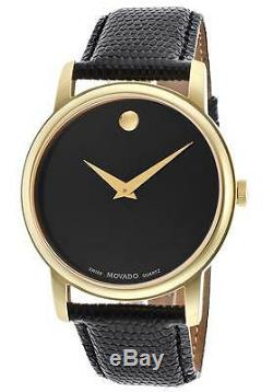 Movado Mens Black Dial Museum Swiss Quartz Leather Strap Gold Tone Watch 2100005