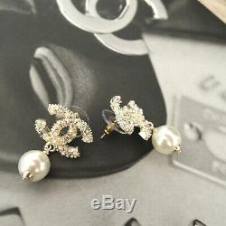 NIB CHANEL Crystal CC Logo Drop Dangle pierced Pearl Earrings