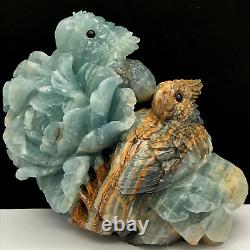 Natural quartz crystal cluster mineral specimen. Blue calcite. Hand-carved. Parrot