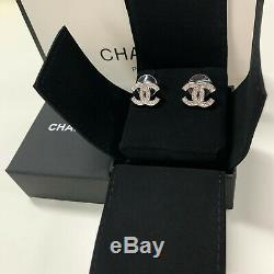New & Authentic Chanel CC medium Silver crystal stud earrings