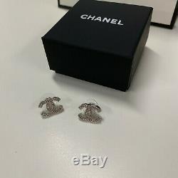 New & Authentic Chanel CC medium Silver crystal stud earrings