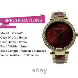 New Michael Kors MK6427 39mm Parker Red Chronograph and Gold Women's Watch