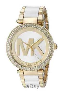 New Michael Kors Parker MK6313 Gold / White Logo Dial Wrist Crystal Women Watch