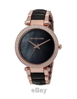 New Michael Kors Parker Rose Gold Black Acetate Women's Crystal Watch MK6414