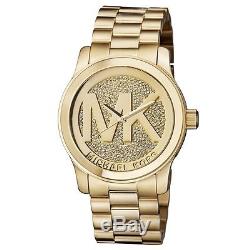 New Michael Kors Runway Gold Pave Stainless Crystal Logo MK5706 Women's Watch