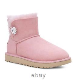 New NIB Ugg Crystal Mini Bailey Button Bling Womens Pink Suede & Sheepskin Boots