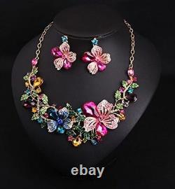 Orikycely Sunvy Noble Diamond Crystal Flower Chain Choker Collar Necklace Earrin