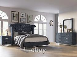PRICE DROP Gray Velvet 4PC Queen King Modern Crystal Tufted Bedroom Set B/D/M/N