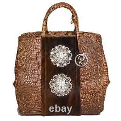 Raviani Western Satchel Bag In Brown Crocodile Embossed & Brown Calfskin Leather