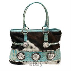 Raviani Western Satchel Bag In Brown & white Calfskin Leather & Crystals Concho