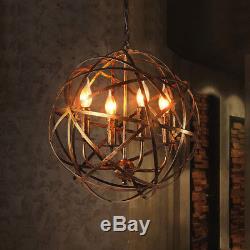 Rustic Wrought Iron Aged Brass Candle Chandelier Globe Pendant 4 Lights Fixture