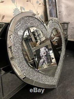 Sparkly Silver Crushed Diamante Crystals Heart Shape Wall Mirror 90 x 70 (cm)