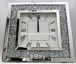 Square Mirrored Sparkly Diamond Crush Crystal Large Silver Wall Clock Bevelled
