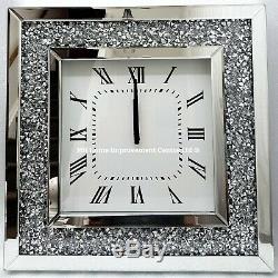 Square Mirrored Sparkly Diamond Crush Crystal Large Silver Wall Clock Bevelled