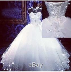 UK Luxury White/Ivory Strapless Crystal Wedding Dress Bridal Ball Gown Size 6-20