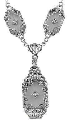 Victorian Style Camphor Glass Crystal Filigree Diamond Necklace Sterling Silver