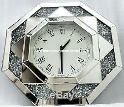 Wall Clock Diamond Crush Crystal Sparkly Silver Mirrored Large Bevelled