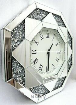 Wall Clock Diamond Crush Crystal Sparkly Silver Mirrored Large Bevelled