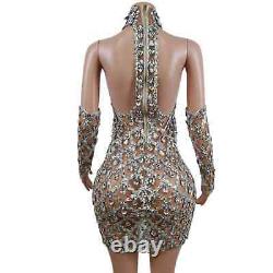 Women Crystal Sequin Backless Short Dress Mesh Transparent Costume Stage Wear