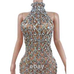 Women Crystal Sequin Backless Short Dress Mesh Transparent Costume Stage Wear